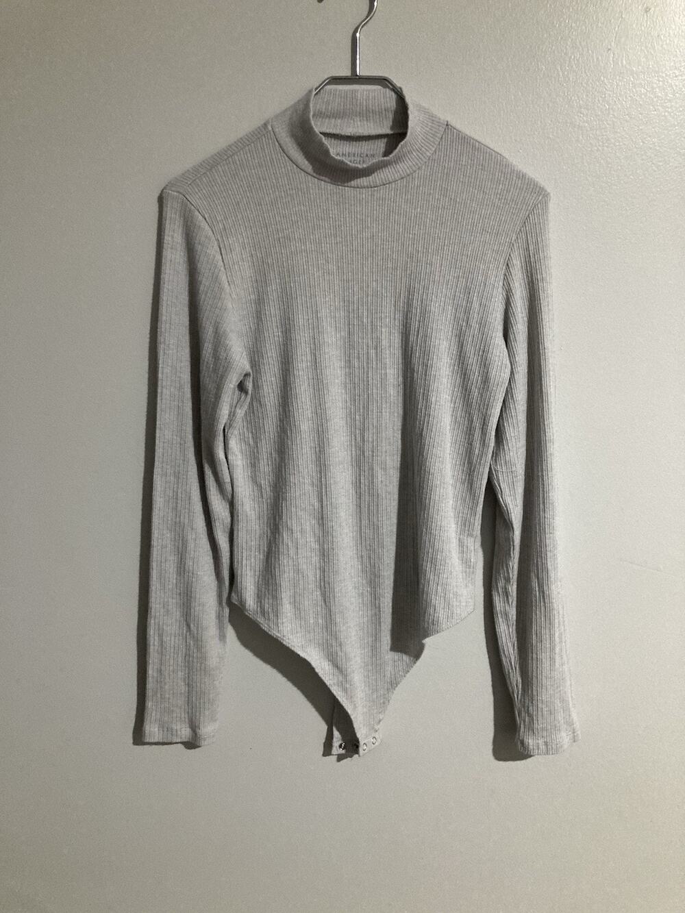American Eagle Pointelle Mock Neck Bodysuit Gray Size XL